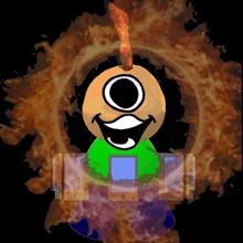 a cartoon character with a big eye and a mustache is surrounded by flames .