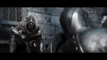 a man in a hooded armor is standing next to another man in armor .