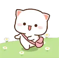 a cartoon cat is walking in a field with a pink backpack .