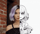 a woman with purple hair is standing next to a brick wall