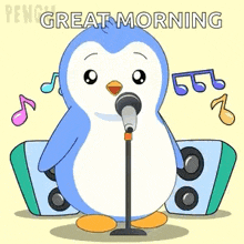 a penguin is singing into a microphone with the words great morning written above it