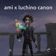 a video game character is holding a sword and the caption ami x luchino canon