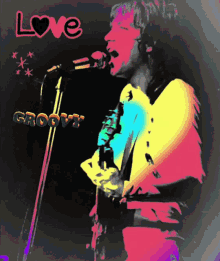 a painting of a man singing into a microphone with the words love groovy above him