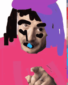 a drawing of a man with a purple hat and black hair