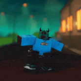 a cartoon character with horns on his head is walking down the street