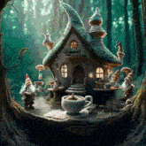 a painting of gnomes in front of a house