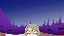 a girl with glasses is standing in front of a purple forest