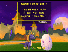 a video game screen shows a memory card slot and a dragon