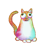 a drawing of a cat with big eyes and a rainbow tail
