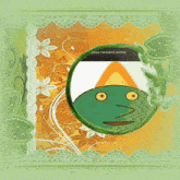 a painting of a green flower with orange spots on a yellow background