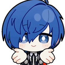 a cartoon drawing of a person with blue hair and white eyes