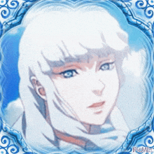 a picture of a white haired anime character with blue eyes