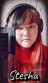a woman wearing headphones and glasses with the name stesha on the bottom