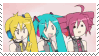 a group of three anime characters standing next to each other on a pink background .