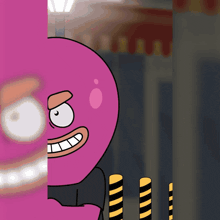 a cartoon character with a pink face and a yellow and black striped pole