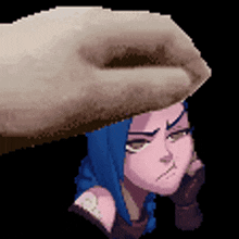 a pixel art of a woman with blue hair and a hat on her head .