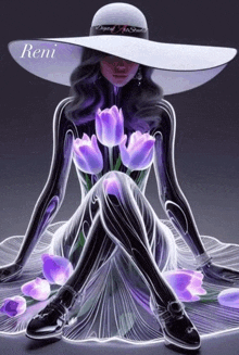 a woman in a white hat is sitting with purple tulips