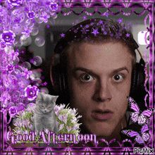 a man wearing headphones is surrounded by purple flowers and butterflies with the words good afternoon written below him