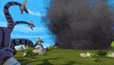 a group of cartoon characters are standing in a field with smoke coming out of it .