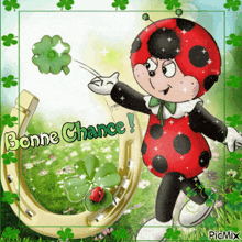 a ladybug is holding a four leaf clover in front of a horseshoe with the words bonne chance written on it