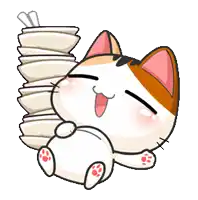 a cartoon cat is holding a stack of bowls in its paws