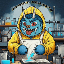 a cartoon drawing of a monster with the words fuzzy beasts written above it