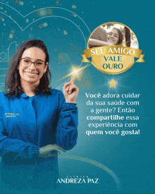 an advertisement for andreza paz shows a woman in a blue uniform
