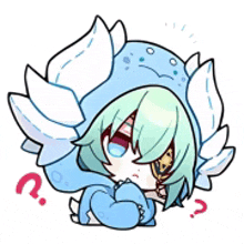 a cartoon of a girl wearing a blue hoodie with wings .