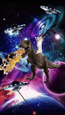 a cat is riding on the back of a dinosaur with a gun