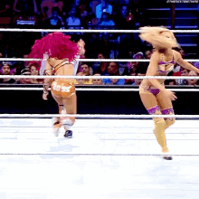 two women are wrestling in a ring and one of them is wearing a number 24 outfit
