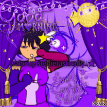 a purple background with the words good morning wake up stellatactically on it