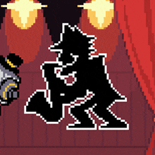 a pixel art drawing of a man in a top hat standing next to a red curtain .