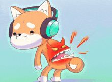 a cartoon drawing of a dog wearing headphones and a devil