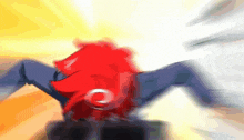 a cartoon character with red hair and a circle on his chest