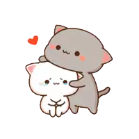 a couple of cats hugging each other with a heart above them