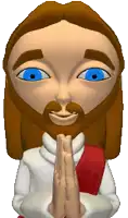 a cartoon of jesus with a beard and blue eyes praying