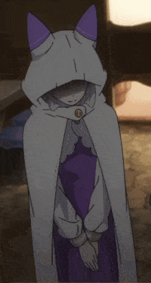 a cartoon character wearing a white cape with purple cat ears