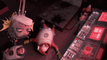 a cartoon character laying on the floor with a red button that says " emergency "