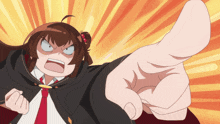 a girl in a cape and tie is pointing at the camera