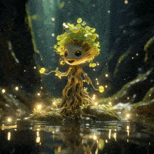a tree with roots and leaves is standing in a body of water