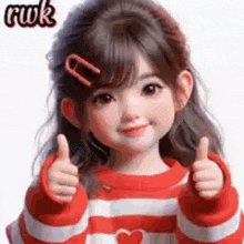 a little girl is giving two thumbs up and smiling .