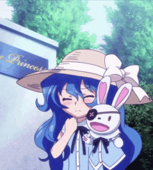 a girl with blue hair is holding a stuffed rabbit in front of a sign that says princes