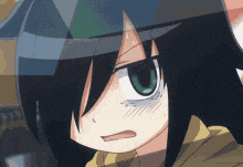 a close up of a anime character with green eyes and black hair