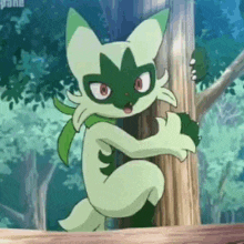 a green and white cartoon character is peeking out from behind a tree .