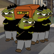 a group of pepe frogs carrying an orange box