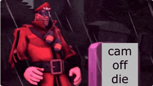 a man in a red uniform is standing in the rain with a sign that says cam off die
