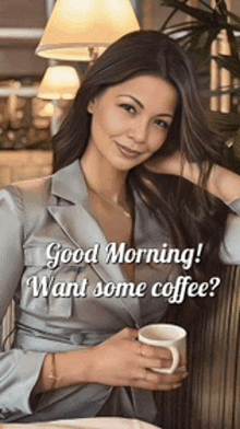 a woman is sitting at a table holding a cup of coffee and saying good morning .