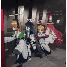 a group of anime girls are standing in front of a screen that says scroll mouse and hold alt