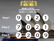 a poster for the museum bola sidney lotto shows a boat in the water in front of the opera house