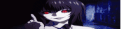 a girl with red eyes is making a funny face and pointing at the camera .